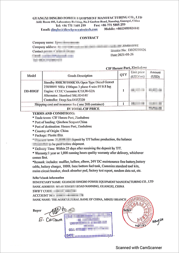 一台800kw重庆康明斯柴油发电机组成功出口津巴布韦